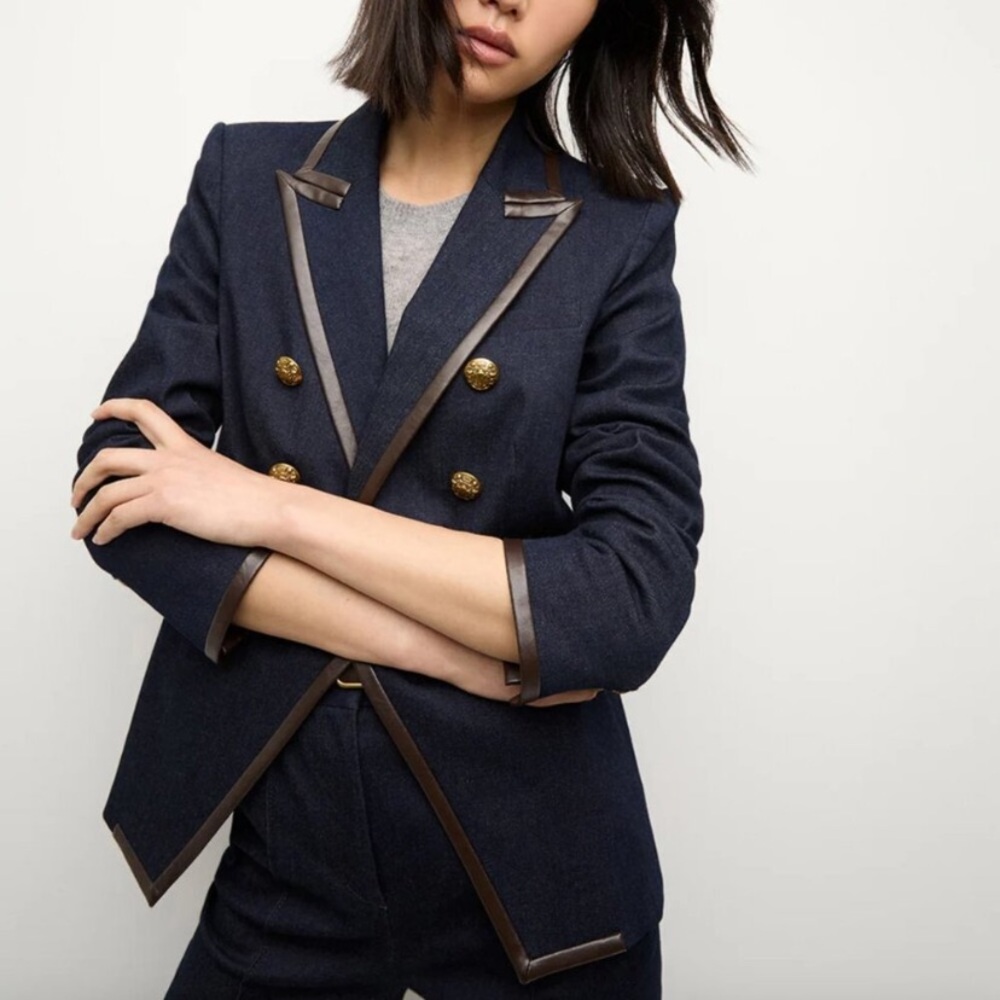 Veronica Beard Miller Denim Dickey Jacket Leather Piping
